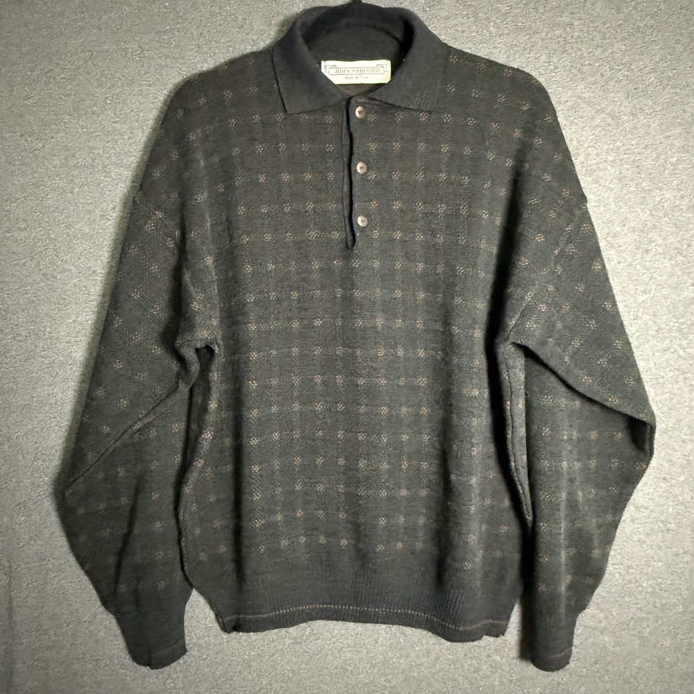 John Ashford Mens Large Gray Knit Polo Sweater Made in Italy Wool Blend Vintage